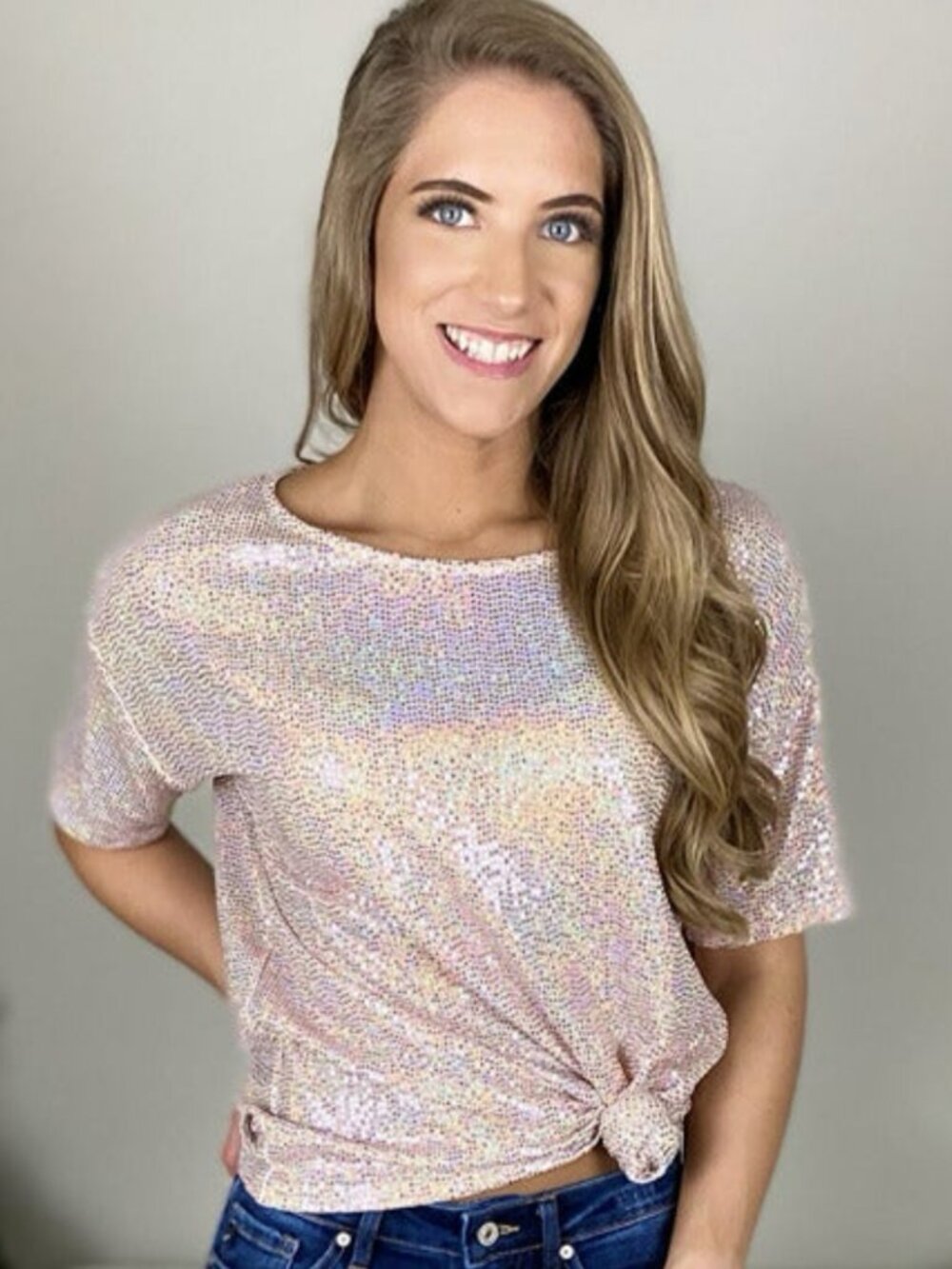 Pink Sequin Round Neck Top